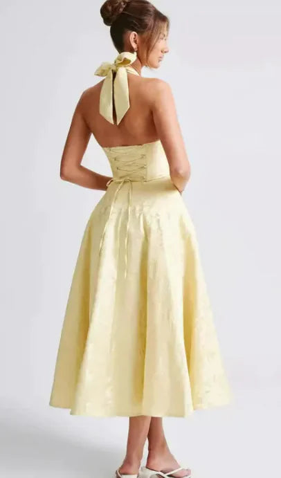 V-neck Halter Sleeveless Jacquard Lace-up Waist Dress WEM Support (www.WEM.support)