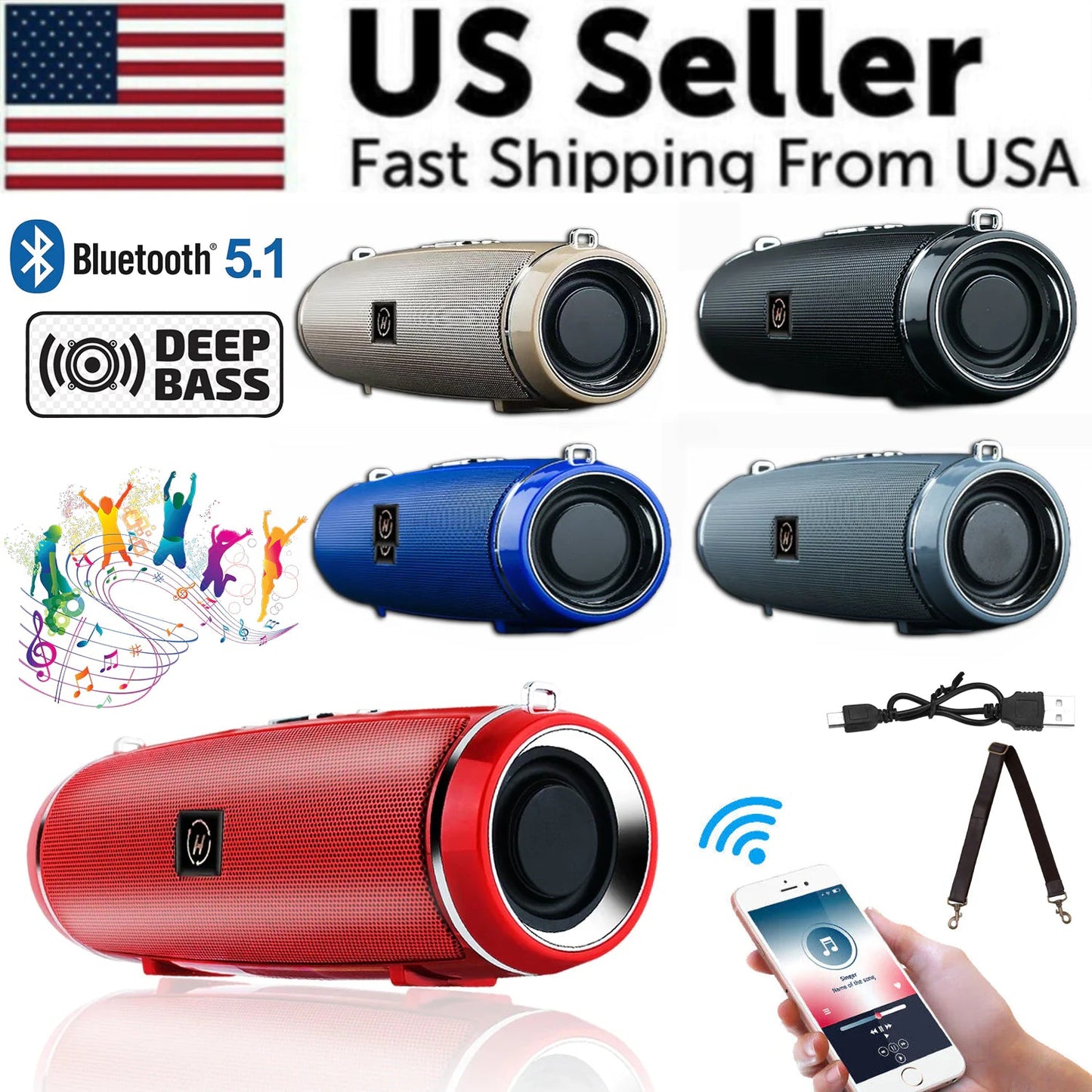 Bluetooth 5.1 Speaker Wireless Waterproof Outdoor Stereo LOUD Bass USB/TF Strap WEM Support (www.WEM.support)