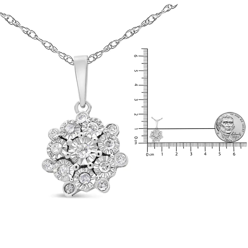 .925 Sterling Silver 1/4 Cttw Miracle Set Diamond Floral Cluster 18" Pendant Necklace for Women (I-J Color, I1-I2 Clarity) WEM Support (www.WEM.support)
