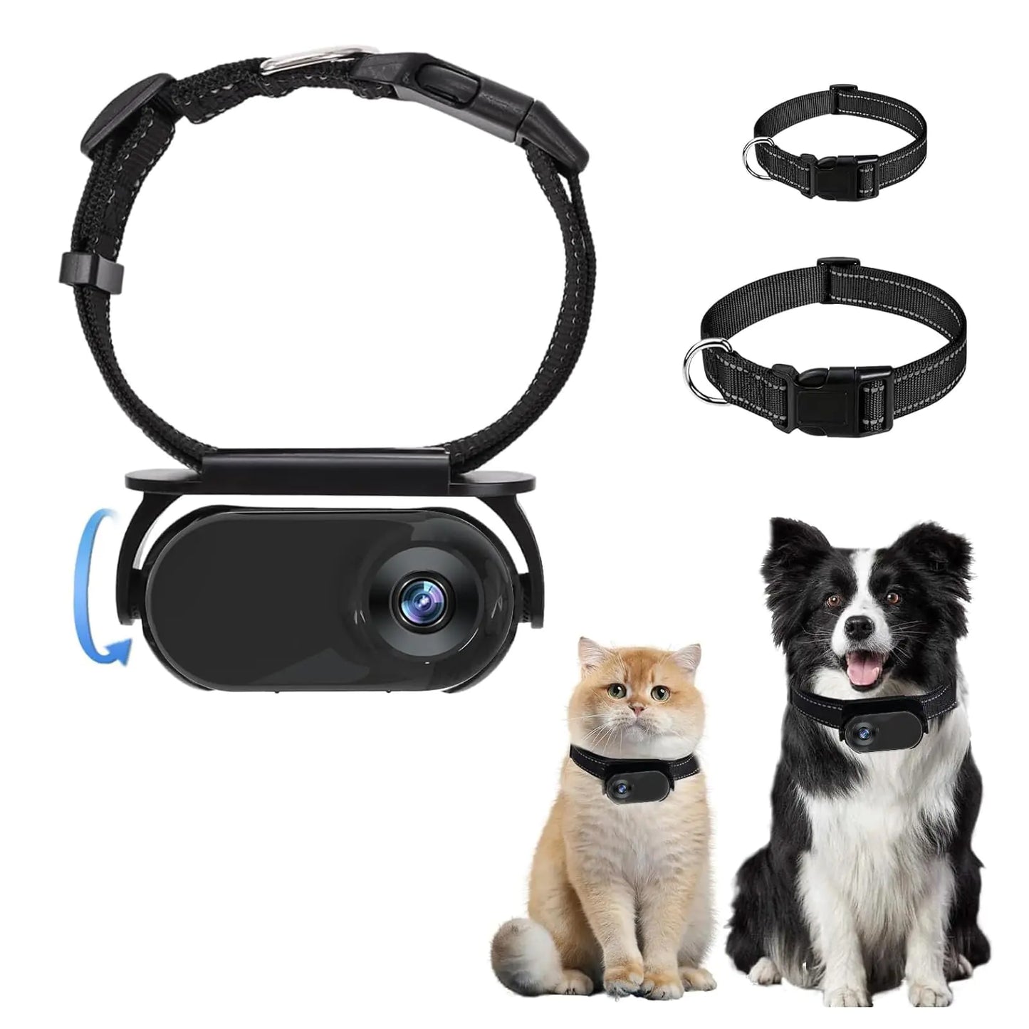A black cat collar camera with a wide angle lens, alongside images of a cat and a dog wearing the collar. The product is designed to be worn around pets' necks for monitoring their activities.
