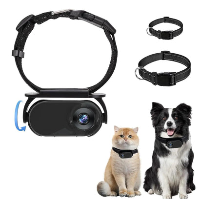 A black cat collar camera with a wide angle lens, alongside images of a cat and a dog wearing the collar. The product is designed to be worn around pets' necks for monitoring their activities.