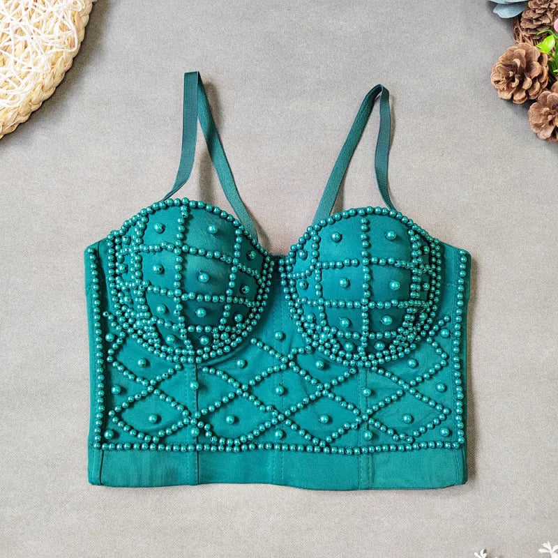 Women's Fashionable Elegant Pearl Spaghetti-strap Camisole Top With Chest Pad WEM Support (www.WEM.support)