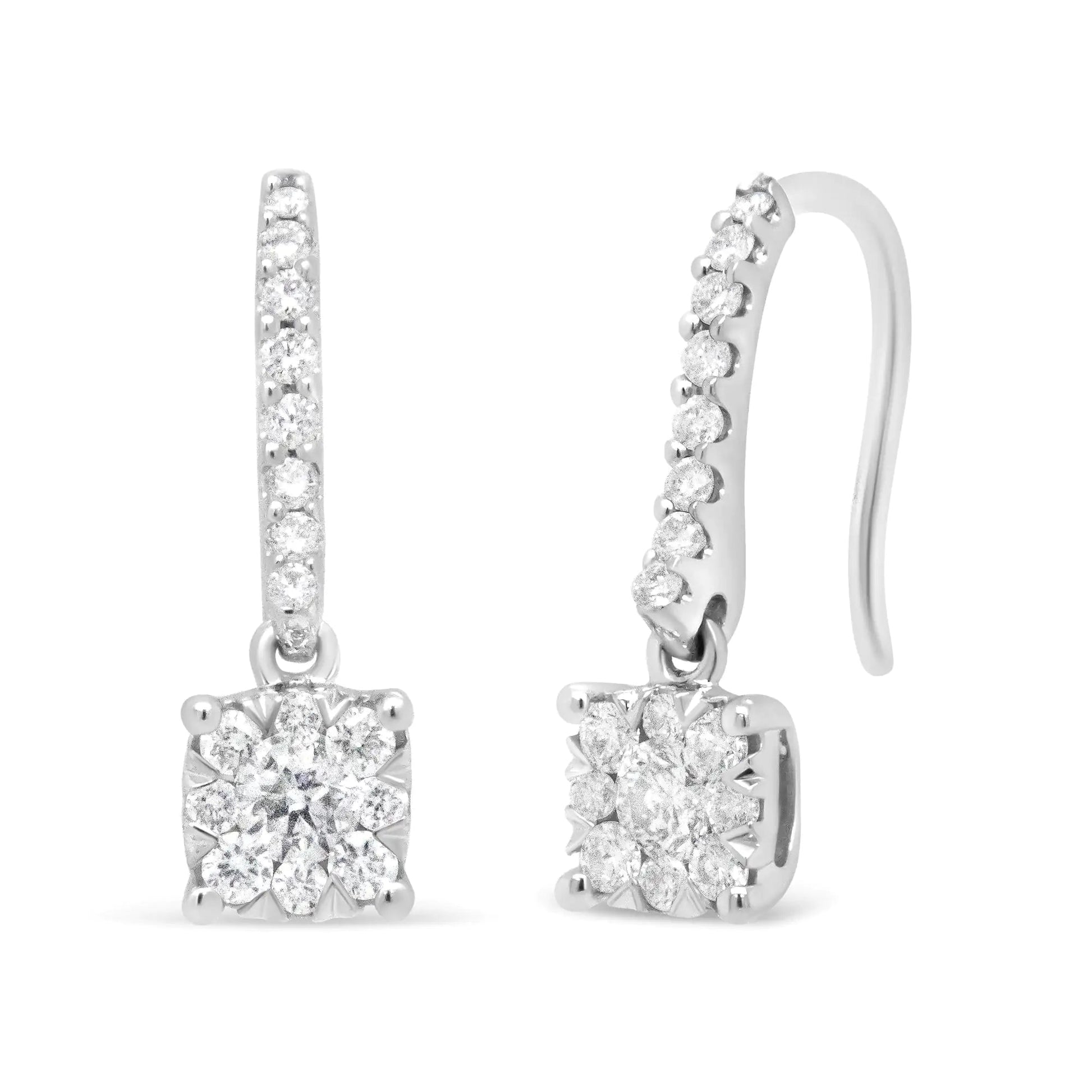14K White 1/2 Cttw Round Diamond Halo Dangle Hook Earring - (H-I Color, SI2-I1 Clarity) WEM Support (www.WEM.support)