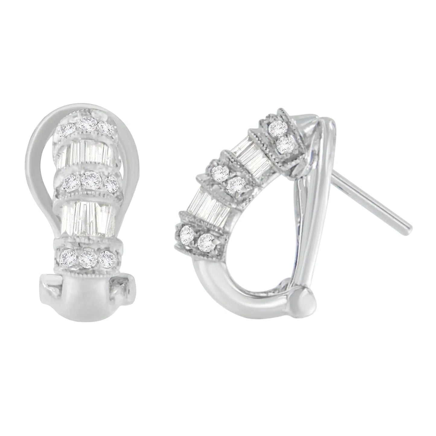 14K White Gold 1 cttw Round and Baguette Cut Diamond Earrings (H-I, SI2-I1) WEM Support (www.WEM.support)