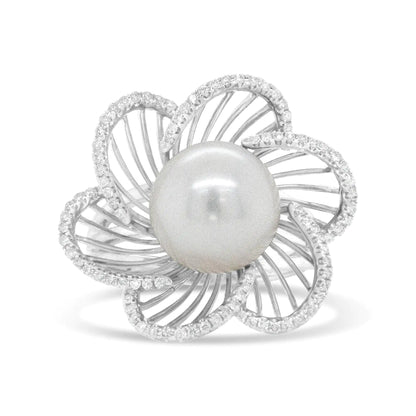 14K White Gold 11mm Round Pearl and 1/3 Cttw Round Diamond Openwork Flower Blossom Ring (H-I Color, VS1-VS2 Clarity) WEM Support (www.WEM.support)
