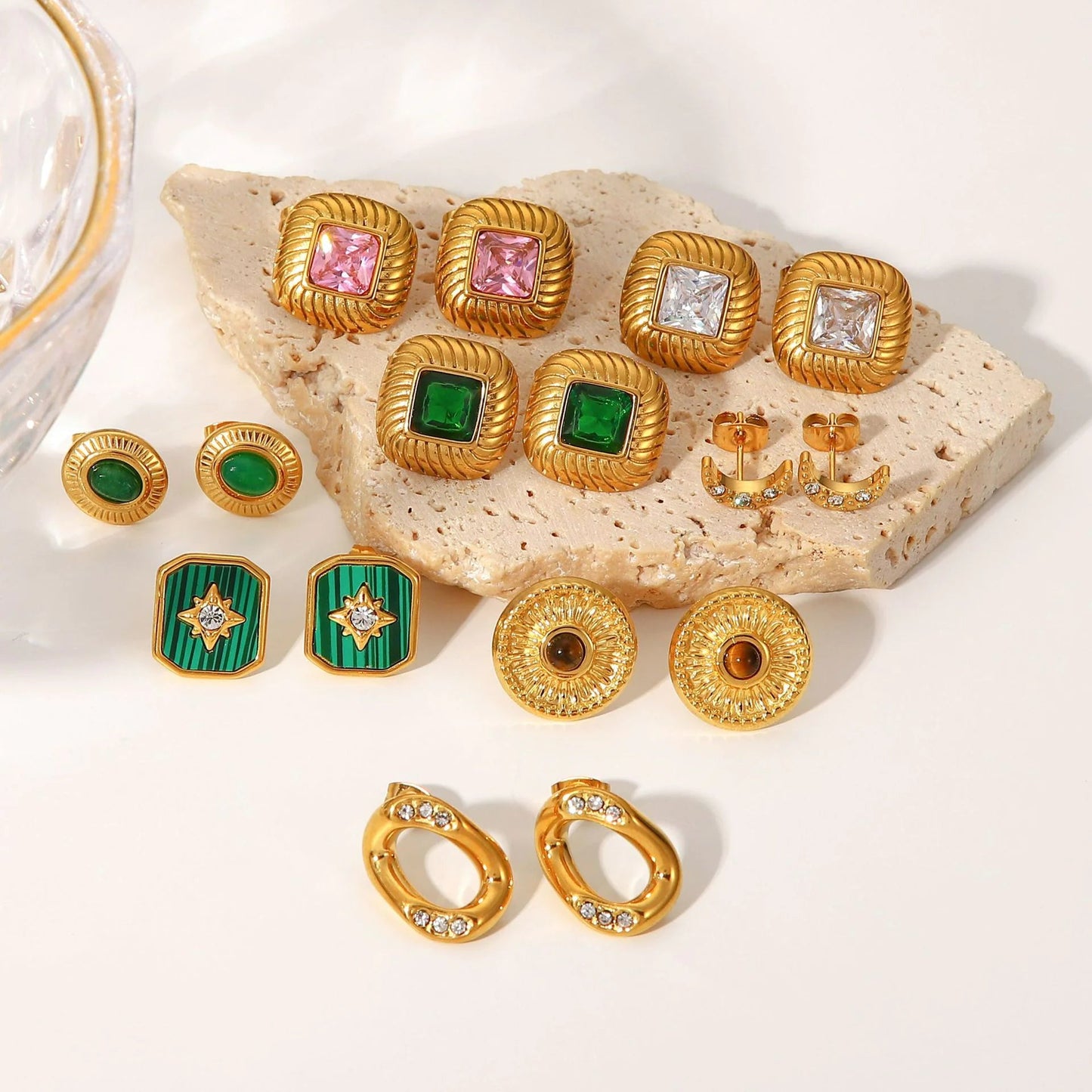 Metal-Inlaid Zirconium & Natural Stone Earrings HejK.com