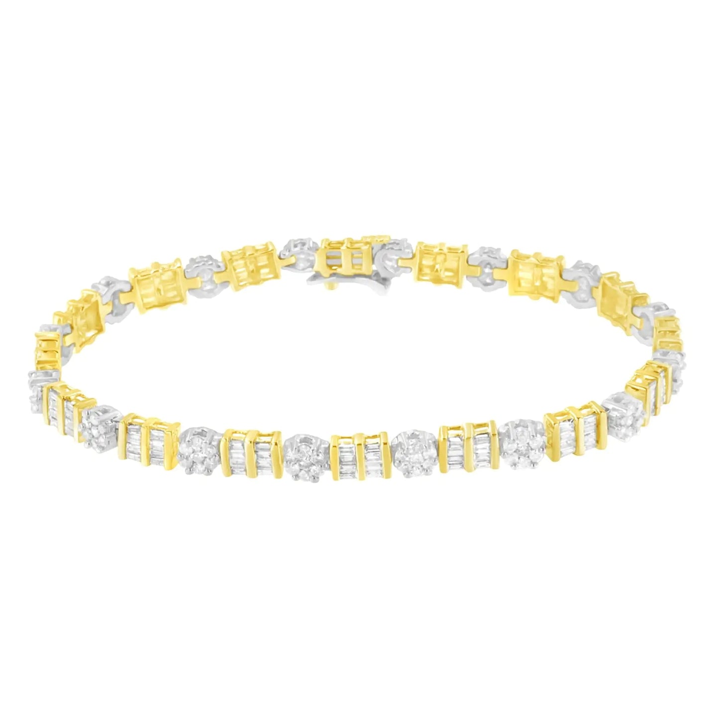 14K Gold 3-3/8 Cttw Round & Baguette-Cut Diamond Cluster Alternating Station 7" Tennis Bracelet (H-I Color, I1-I2 Clarity) WEM Support (www.WEM.support)