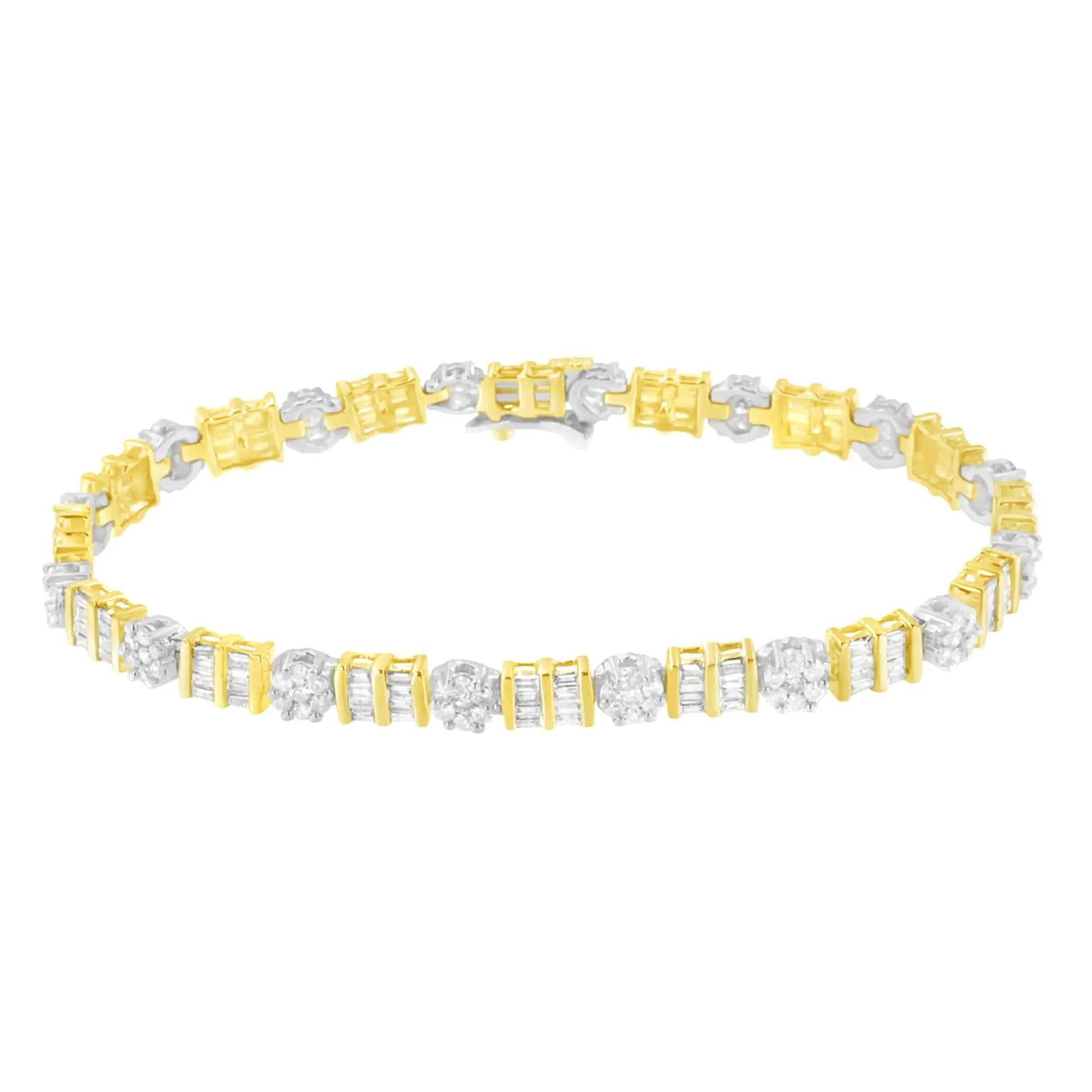 14K Gold 3-3/8 Cttw Round & Baguette-Cut Diamond Cluster Alternating Station 7" Tennis Bracelet (H-I Color, I1-I2 Clarity) WEM Support (www.WEM.support)