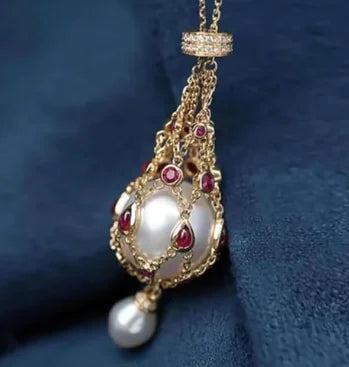 Pearl Gemstone Lavalier Pendant Necklace with Metal Net Bag WEM Support (www.WEM.support)