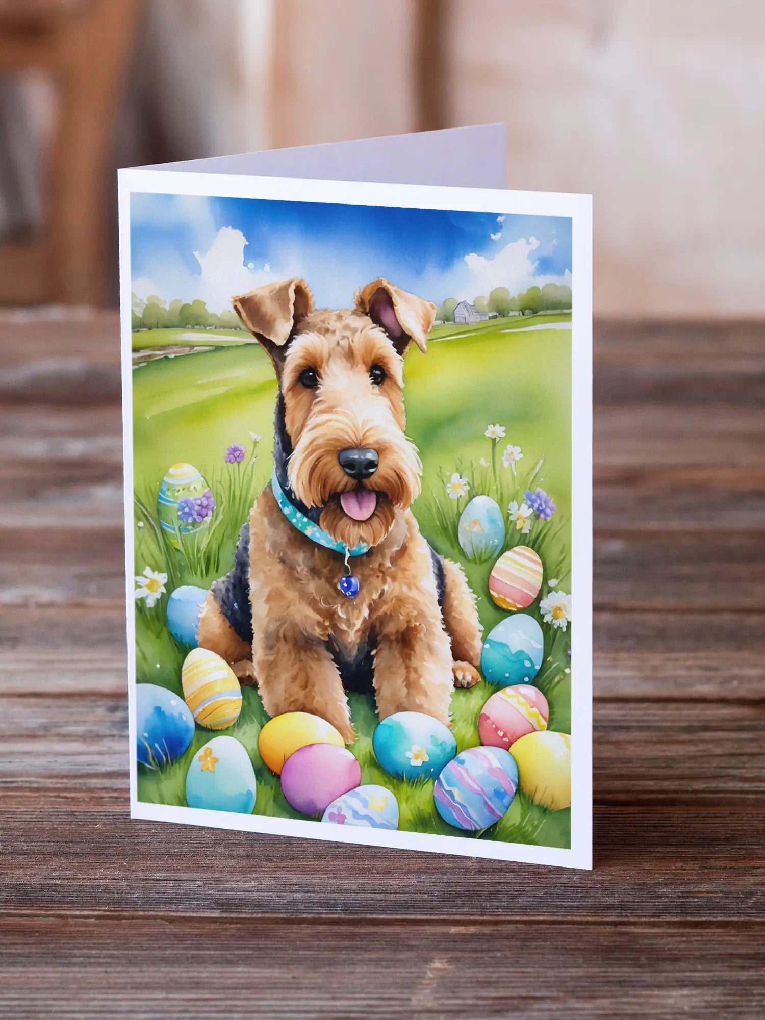 Airedale Terrier Easter Egg Hunt Greeting Cards Pack of 8 WEM Support (www.WEM.support)