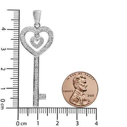 .925 Sterling Silver 1/5 Cttw Round-Cut Diamond Double Heart & Key 18" Pendant Necklace (I-J Color, I3 Clarity) WEM Support (www.WEM.support)