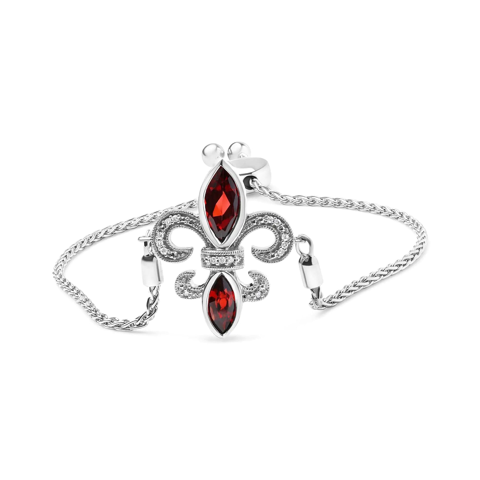 .925 Sterling Silver Marquise Garnet  and Diamond Accent Lariat 4”-10” Fleur De Lis Adjustable Bolo Bracelet (H-I Color, SI1-SI2 Clarity) WEM Support (www.WEM.support)
