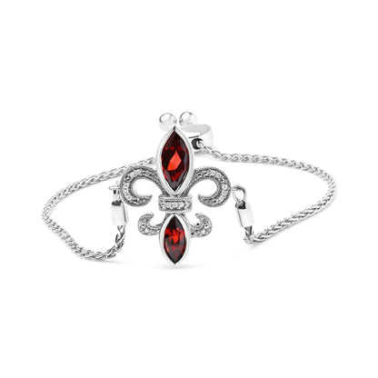 .925 Sterling Silver Marquise Garnet  and Diamond Accent Lariat 4”-10” Fleur De Lis Adjustable Bolo Bracelet (H-I Color, SI1-SI2 Clarity) WEM Support (www.WEM.support)