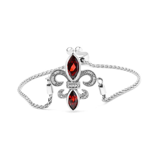 .925 Sterling Silver Marquise Garnet  and Diamond Accent Lariat 4”-10” Fleur De Lis Adjustable Bolo Bracelet (H-I Color, SI1-SI2 Clarity) WEM Support (www.WEM.support)