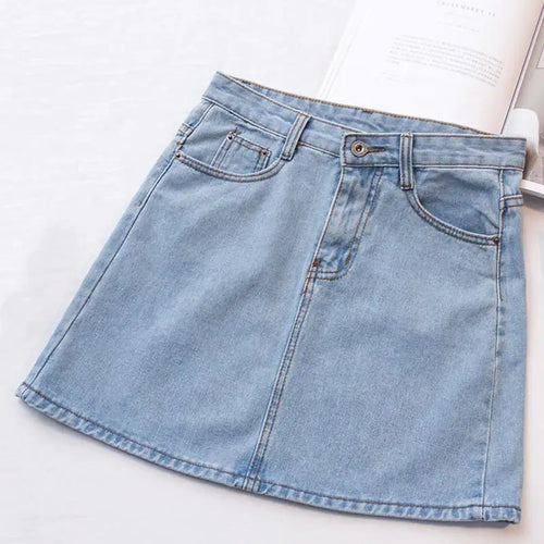A high-waisted A-line denim skirt in light blue color, displayed against a neutral background.