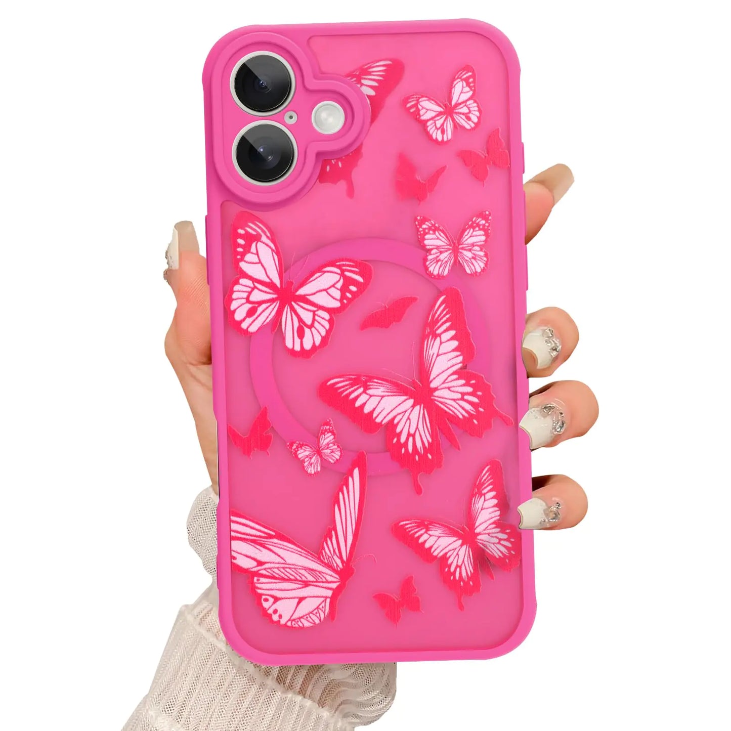 Magnetic for iPhone 14 Pro Max Case [Compatible with MagSafe] Cute Cool Butterfly Print Pattern Design, Slim Bumper Translucent Matte Protective Cover for Women Girls, Hot Pink
