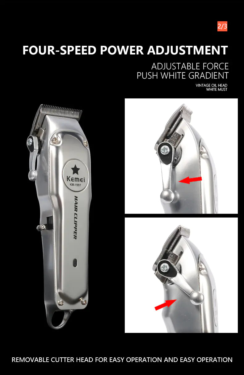 Silver Kemei rechargeable electric hair clipper with features highlighted such as four-speed power adjustment and removable cutter head.