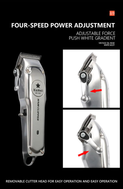 Silver Kemei rechargeable electric hair clipper with features highlighted such as four-speed power adjustment and removable cutter head.