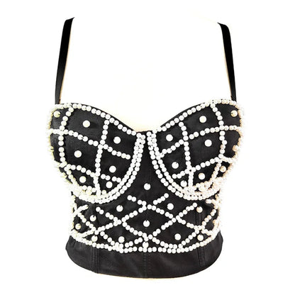 Women's Fashionable Elegant Pearl Spaghetti-strap Camisole Top With Chest Pad WEM Support (www.WEM.support)