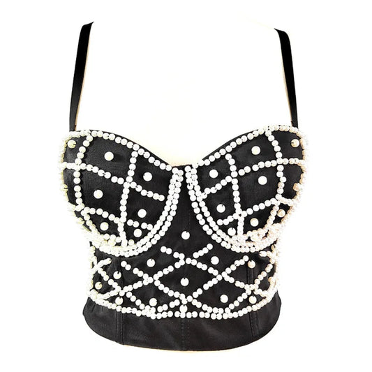 Women's Fashionable Elegant Pearl Spaghetti-strap Camisole Top With Chest Pad WEM Support (www.WEM.support)