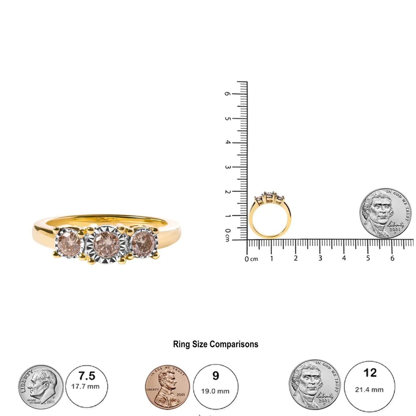 10K Yellow Gold 1/2 Cttw Miracle Set Round Diamond Three Stone Illusion Plate Ring (I-J Color, I2-I3 Clarity) WEM Support (www.WEM.support)