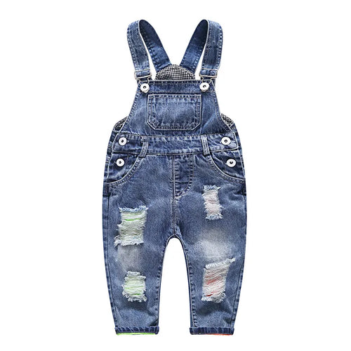 A pair of kid's simple denim suspender pants with a button closure and adjustable straps.