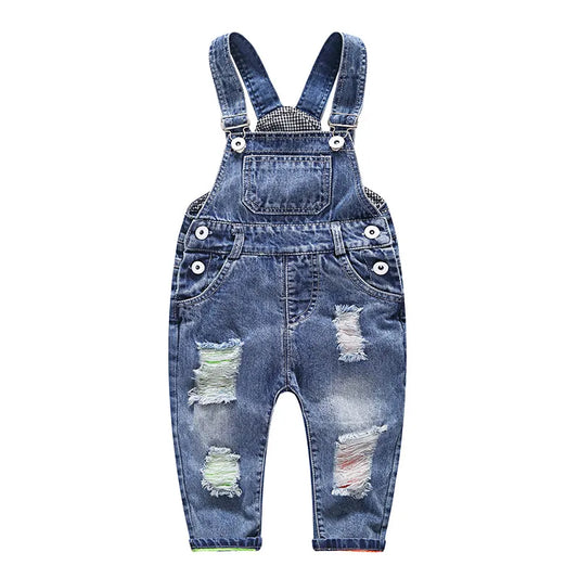 A pair of kid's simple denim suspender pants with a button closure and adjustable straps.