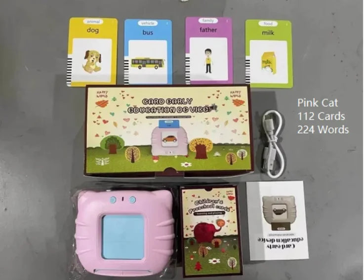 A set of interactive flashcards for kids featuring images of a watermelon, milk, a sandwich, juice, cake, and ice cream, along with a device used to pronounce the words.