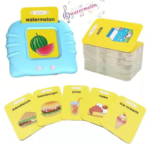 A set of interactive flashcards for kids featuring images of a watermelon, milk, a sandwich, juice, cake, and ice cream, along with a device used to pronounce the words.