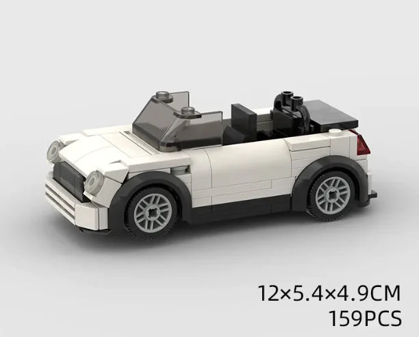 A lego-style sports car built from small particle building blocks, predominantly red with black and white accents, checkered flag design on the side, and the count of 232 pieces mentioned.