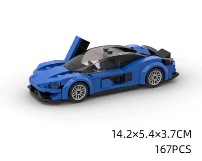 A lego-style sports car built from small particle building blocks, predominantly red with black and white accents, checkered flag design on the side, and the count of 232 pieces mentioned.