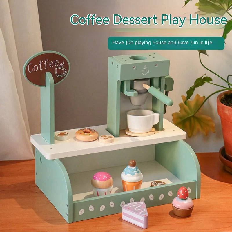 Children's wooden tea party playset, including a teapot, cups, and various pretend desserts like cakes and pastries, with a calculator and name tag, designed for imaginative play.