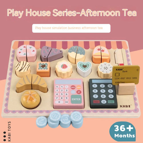 Children's wooden tea party playset, including a teapot, cups, and various pretend desserts like cakes and pastries, with a calculator and name tag, designed for imaginative play.