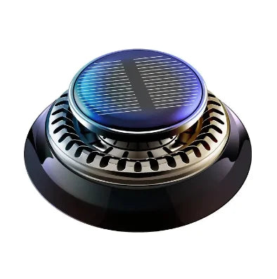 A portable kinetic car air freshener with a solar panel on top and a double ring rotating design, primarily black in color.