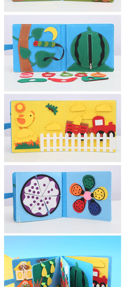 A colorful children's educational felt book with various interactive pages, including elements like zippers, buttons, and shaped cut-outs.