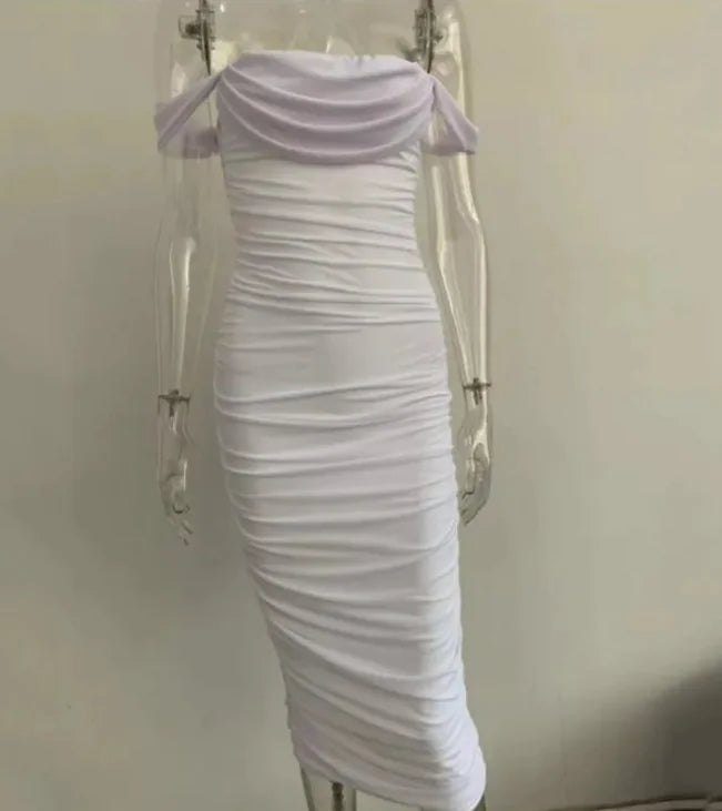 Tube top off shoulder pleated slit dress HejK.com