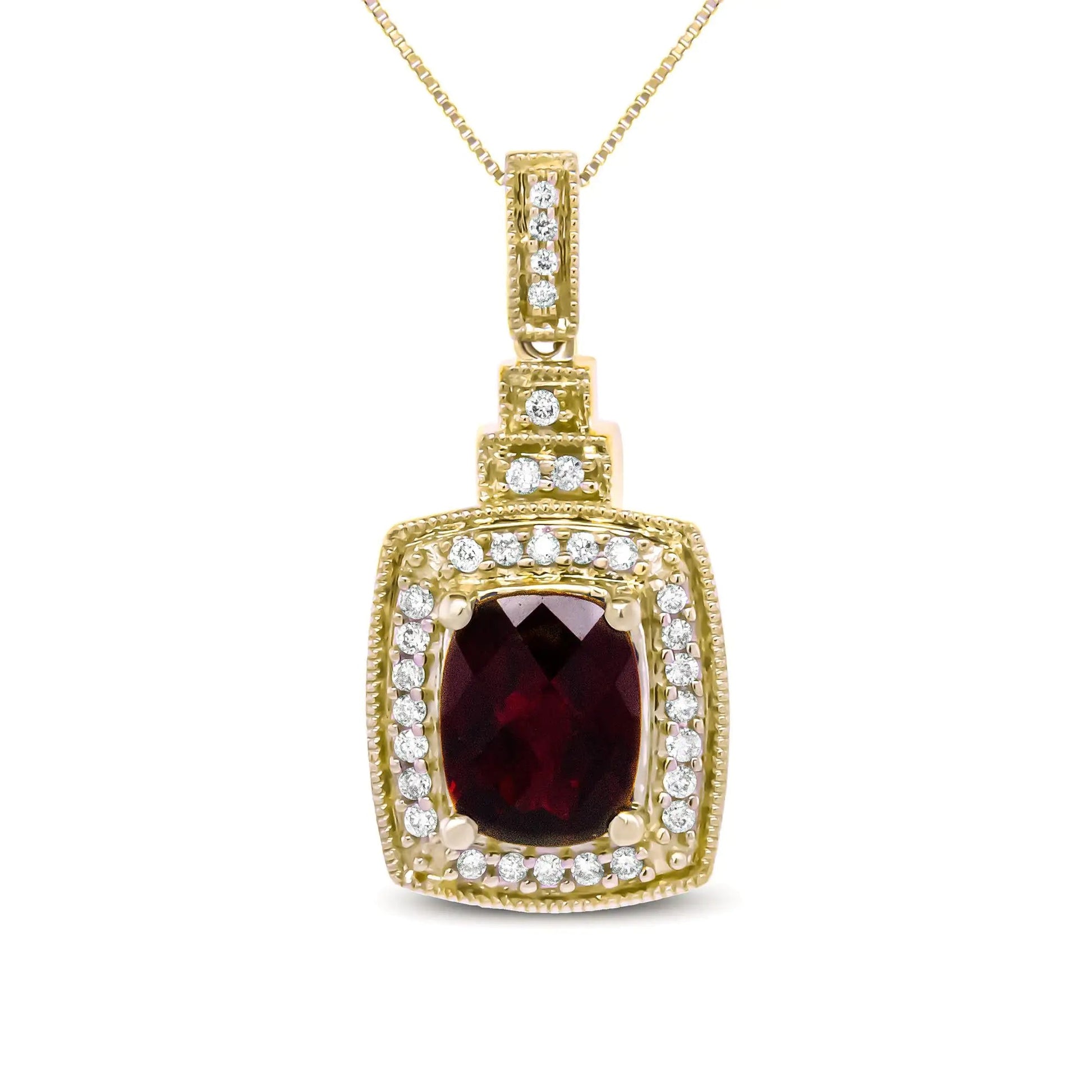 14K Yellow Gold 1/5 Cttw Round Diamond and 9x7mm Cushion Cut Red Garnet Halo 18" Pendant Necklace (H-I Color, VS1-VS2 Clarity) WEM Support (www.WEM.support)