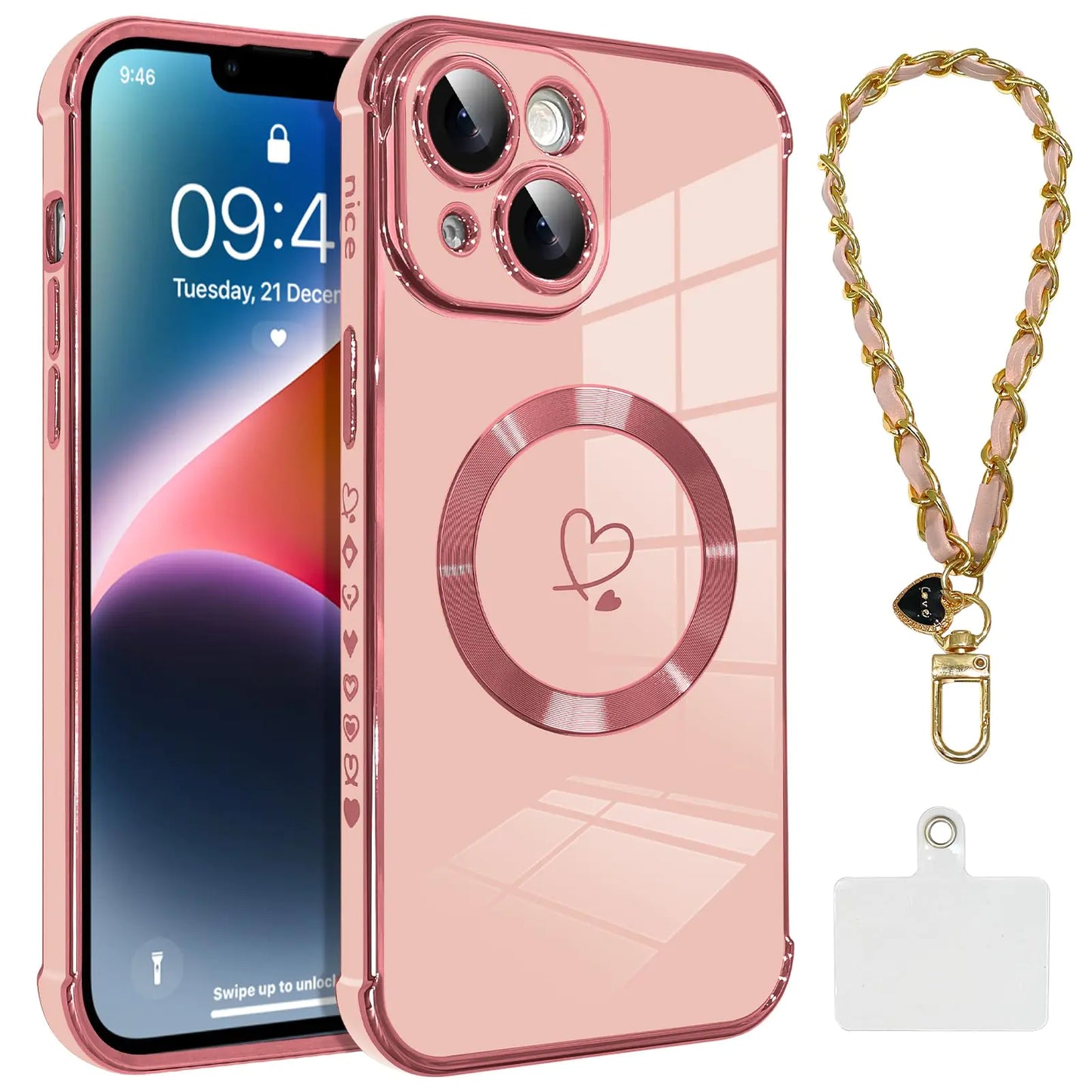 OOK Magnetic Phone Case for iPhone 14 Pro 6.1 Inch [Wireless Charging Compatible] Soft TPU Heart Design Shockproof Protection Electroplated Slim Case with Strap Lanyard - Pink