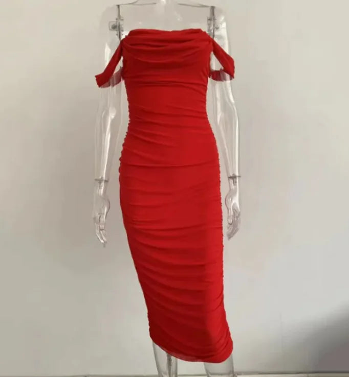 Tube top off shoulder pleated slit dress HejK.com