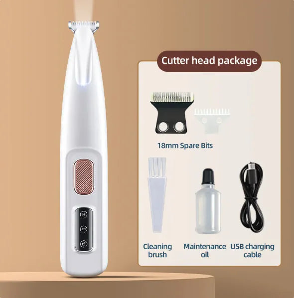 A white LED dog paw trimmer with an integrated LED light, displayed alongside its accessories which include a cutter head package with 18mm spare bits, a cleaning brush, maintenance oil, and a USB charging cable.