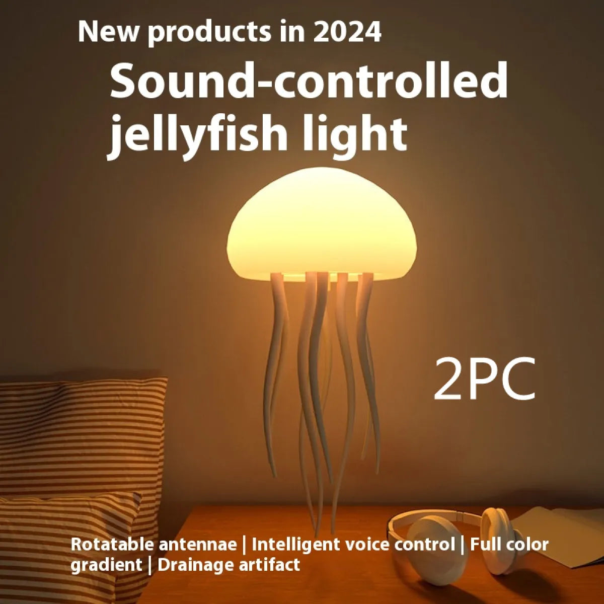 The image shows a promotional graphic for a sound-controlled jellyfish light, indicating it's a new product in 2024. It features a illuminated jellyfish-shaped lamp with elongated tentacles and a multicolored light emitting from its body.