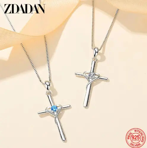 ZDADAN 925 Silver Blue Zircon Cross Pendant Necklace for Women WEM Support (www.WEM.support)