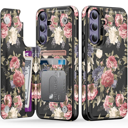 A wallet case for Samsung Galaxy S24 Plus with a floral design in white, pink, and black colors on the front and inside, featuring a card holder.