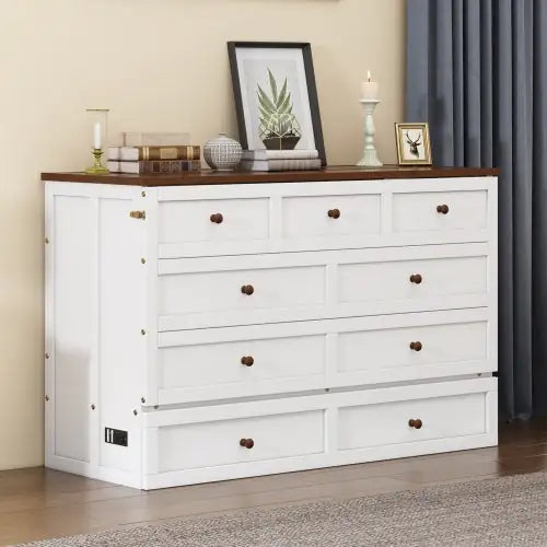 Solid Pine Murphy Bed Chest With Charging Station And Large Storage Drawer For Home Office Or Small Room , Queen, White Walnut WEM Support (www.WEM.support)