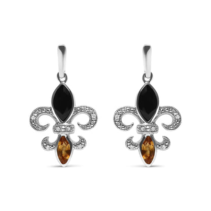 .925 Sterling Silver Marquise Cut Onyx and Citrine with Diamond Accent Fleur De Lis Drop Stud Earrings (H-I Color, SI1-SI2 Clarity) WEM Support (www.WEM.support)