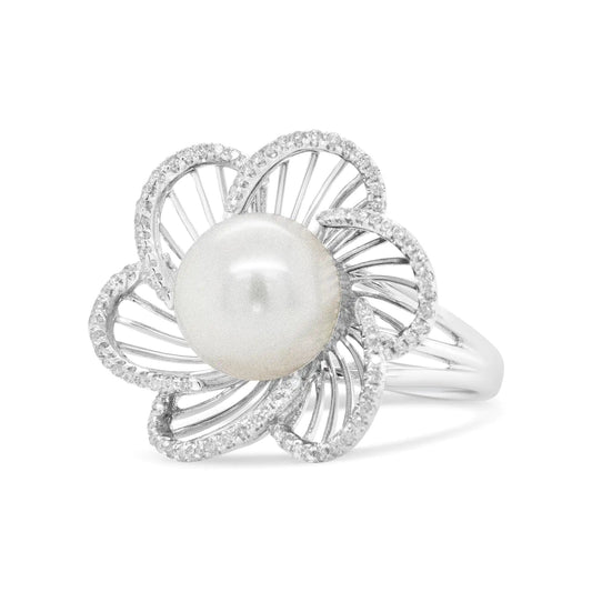 14K White Gold 11mm Round Pearl and 1/3 Cttw Round Diamond Openwork Flower Blossom Ring (H-I Color, VS1-VS2 Clarity) WEM Support (www.WEM.support)
