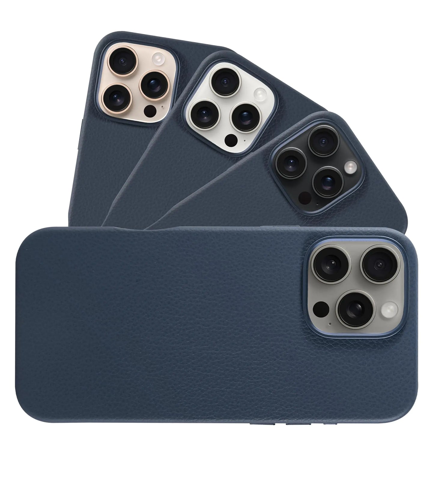 A blue leather phone case for iPhone 16 Pro Max, displayed from multiple angles showing the front, back, and side.