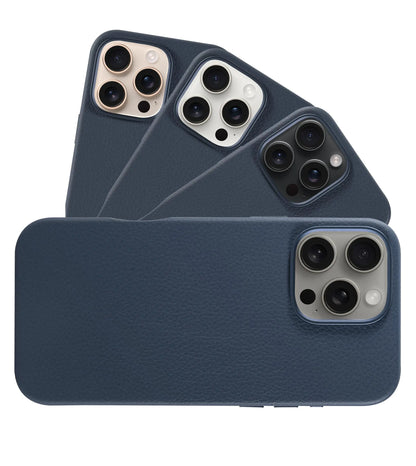 A blue leather phone case for iPhone 16 Pro Max, displayed from multiple angles showing the front, back, and side.