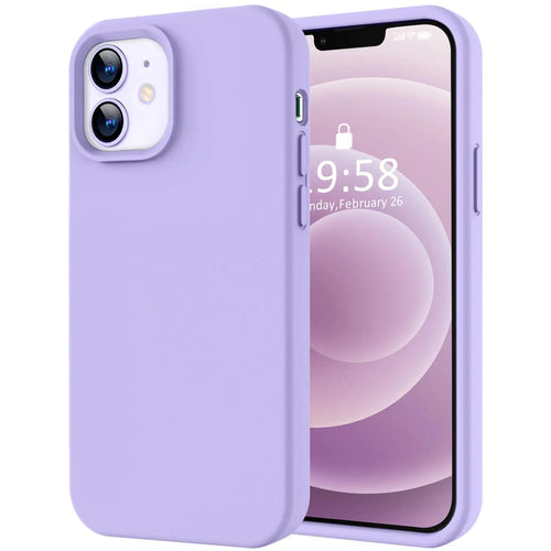 A purple silicone phone case for iPhone 14 with a soft anti-scratch microfiber lining, displayed in a landscape position.