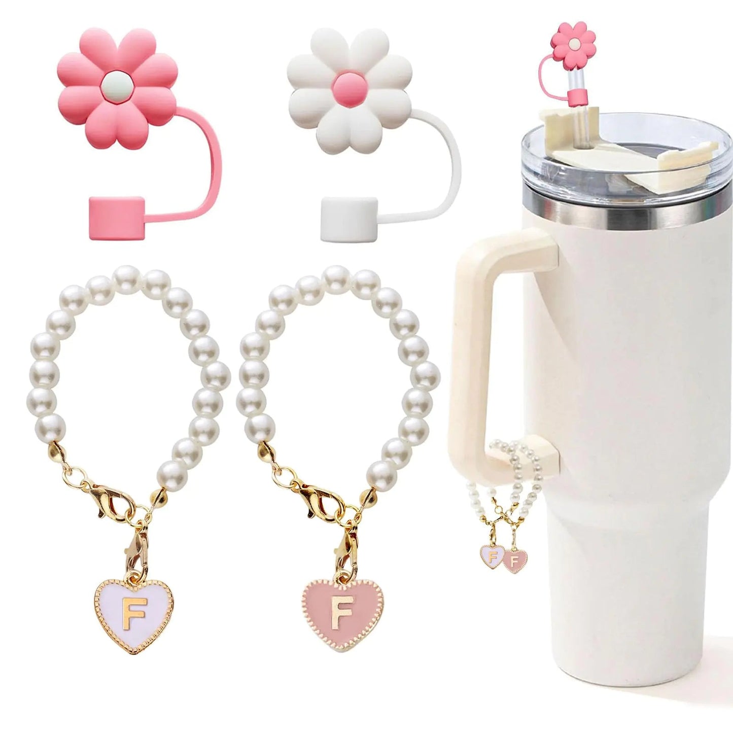 LUHOHI 4pcs Encantos para la Copa Stanley, Accesorios de Cadena de Perlas con Iniciales para el Asa y 2pcs Fundas para Pajillas Decoración de Botella de Agua Joyería Vaso Decoraciones Personalizadas ID Q HejK.com
